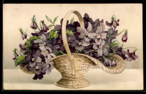 Präge-AK Korb voller Veilchen in voller Blüte