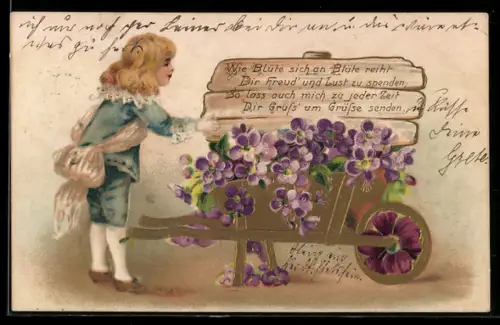 Präge-AK Kind neben einer Schubkarre voller Veilchen