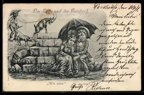 AK Die Liebe und der Geissbock, Liebespaar und Ziegenhirte