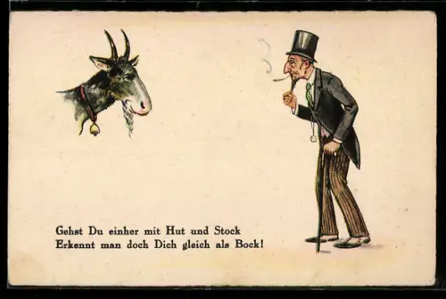 AK Mann mit Zylinder und Ziegenbart betrachtet einen Ziegenbock