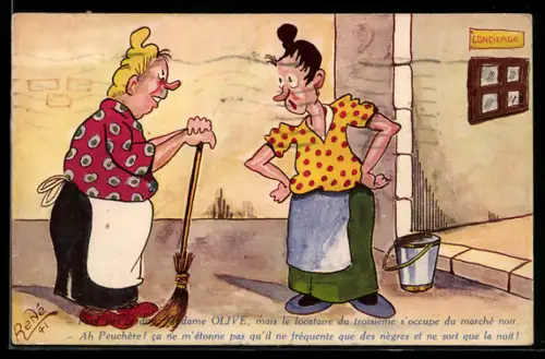 Künstler-AK sign.René: Hausfrauen im Gespräch