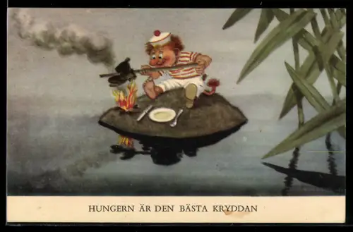 AK Schiffbrüchiger Matrose brät einen Stiefel über einem Lagerfeuer auf einer kleinen Insel