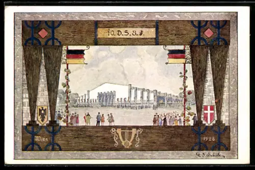 Künstler-AK Wien, 10. Dt. Sängerbundesfest 1928, Sängerhalle, Fahnen, Wappen