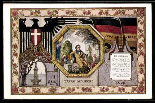 Künstler-AK Wien, 10. Deutsches Sängerbundesfest 1928, Portrait Franz Schubert, Deutsche Fahne & österreich. Wappen