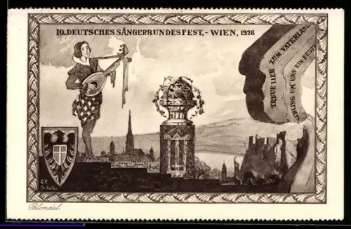 AK Wien, 10. Deutsches Sängerbundesfest 1928, Sänger mit Gitarre am Ortsrand