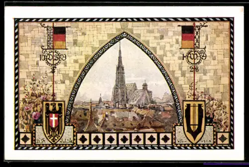 Künstler-AK Wien, 10. Deutsches Sängerbundesfest 1928, Stefansdom im Stadtbild