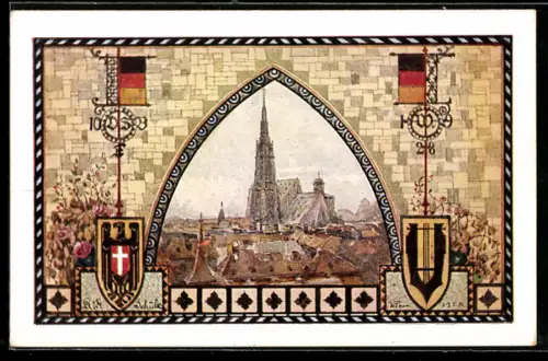 Künstler-AK Wien, 10. Deutsches Sängerbundesfest 1928, Stefansdom im Stadtbild