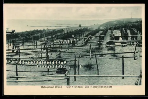 AK Cranz, Flundern und Netzetrockenplatz der örtlichen Fischerei