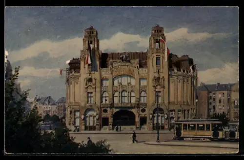 AK Frankfurt am Main, Zirkus Schumann Theater in der Aussenansicht mit Strassenbahn