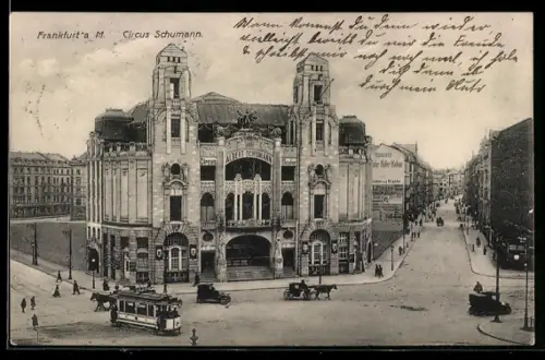 AK Frankfurt /Main, Zirkus Schumann, Strassenbahn, Pferdekutsche