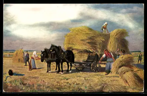 AK Arbeiter in der Landwirtschaft beladen einen Wagen mit Heu