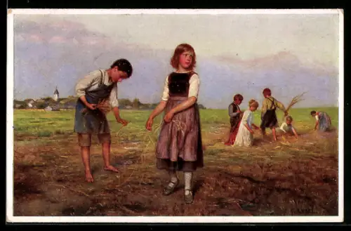 Künstler-AK sign. Joh. Friedr. Engel: Beim Aehrenlesen, Kinder arbeiten in der Landwirtschaft