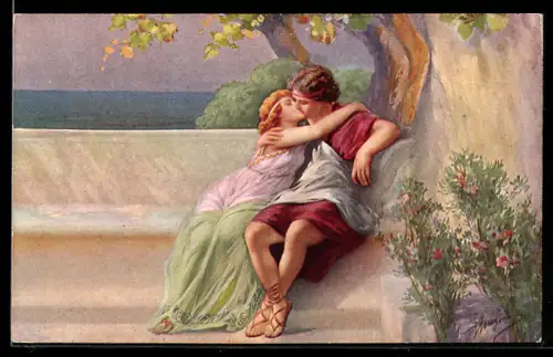 AK Liebespaar beim Kuss auf einer Bank