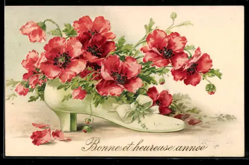 AK Rote Mohnblumen im Damenschuh, Herzlichen Glückwunsch