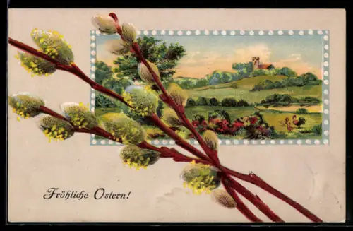 Präge-AK Weidenkätzchen vor einer Ortspartie mit Kirche