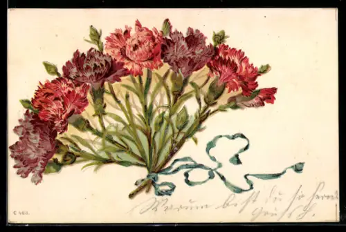 AK Strauss mit Nelken in voller Blüte und mit Schleife