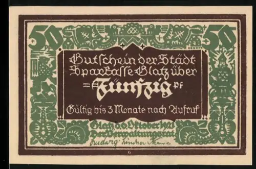 Notgeld Glatz 1921, 50 Pf, Schmied mit Lehrling, 100 Jahre Sparkasse