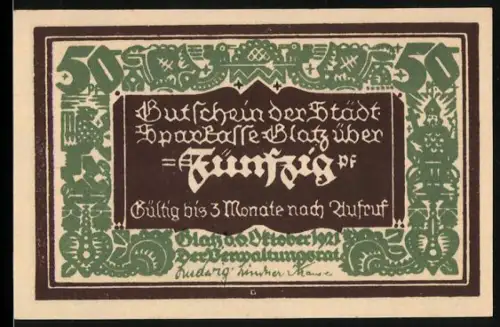 Notgeld Glatz 1921, 50 Pf, 100 Jahre Sparkasse mit stilisierter Szene und Verzierung