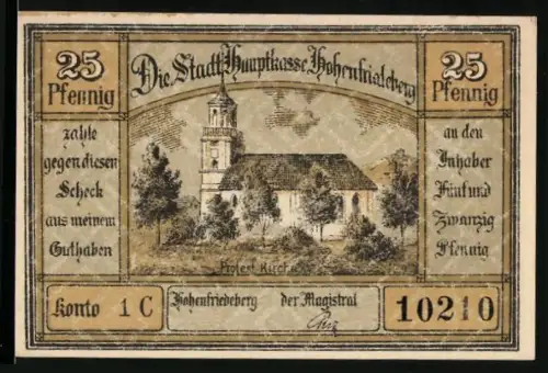Notgeld Hohenfriedeberg, 25 Pfennig, Kirche und Ortsansicht von Hohenfriedeberg