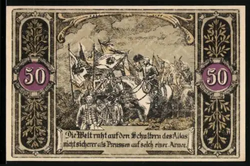 Notgeld Hohenfriedeberg, 50 Pfennig, Kavallerie und Kirche, Wappen vorhanden