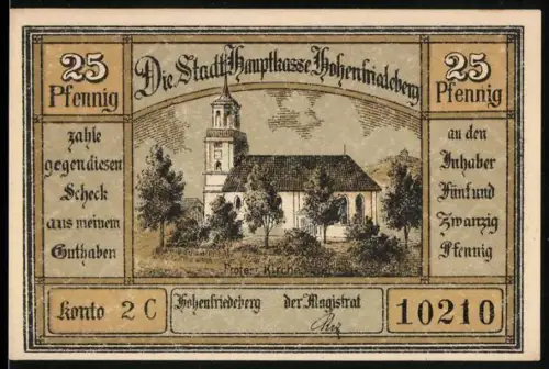 Notgeld Hohenfriedeberg, 25 Pfennig, Kirche und Denkmal mit Bäumen