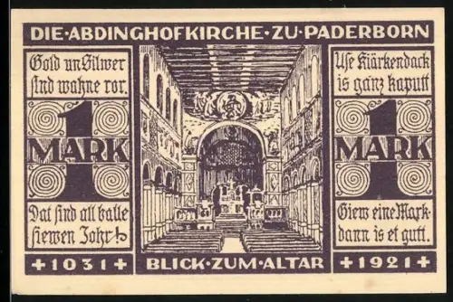 Notgeld Paderborn 1921, 1 Mark, Innenansicht der Abdinghofkirche mit Blick zum Altar