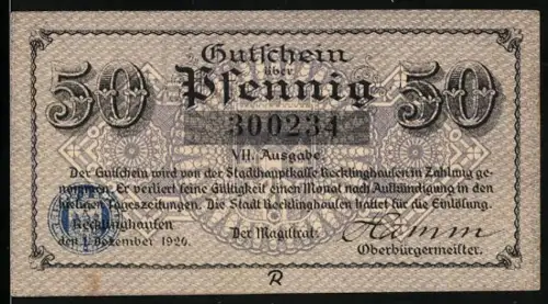 Notgeld Recklinghausen 1920, 50 Pfennig, Schlossansicht und florales Muster