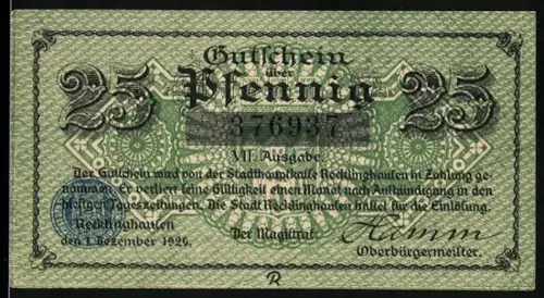 Notgeld Recklinghausen 1920, 25 Pfennig, Stadtgebäude-Motiv