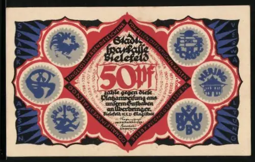 Notgeld Bielefeld 1921, 50 Pf, Handwerker und historische Gebäude im Kreisornamenten
