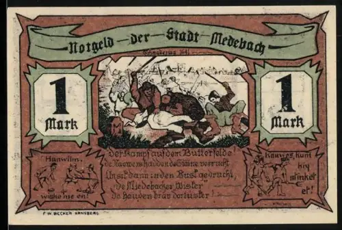 Notgeld Medebach 1921, 1 Mark, mittelalterliche Kampfszene und Fachwerkhaus mit Wappen