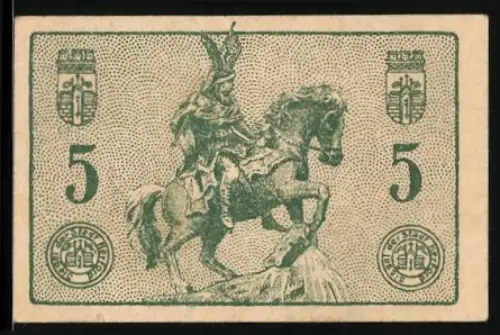 Notgeld Herford 1920, 5 Pfennig, Reiterstatue mit Stadtwappen