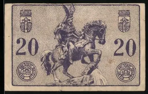 Notgeld Herford 1920, 20 Pfennig, Reiterstatue mit Wappen und Eichenzweigen