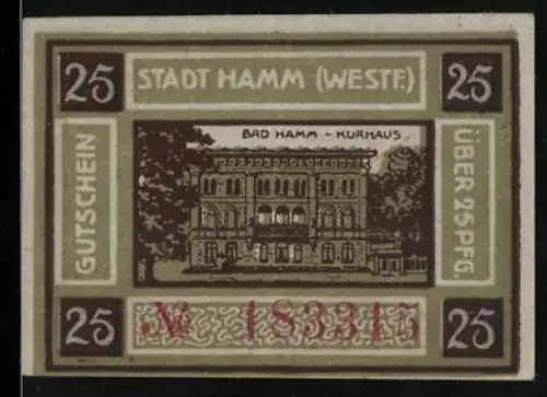 Notgeld Hamm /Westf. 1920, 25 Pfennig, Kurhaus mit Wappen