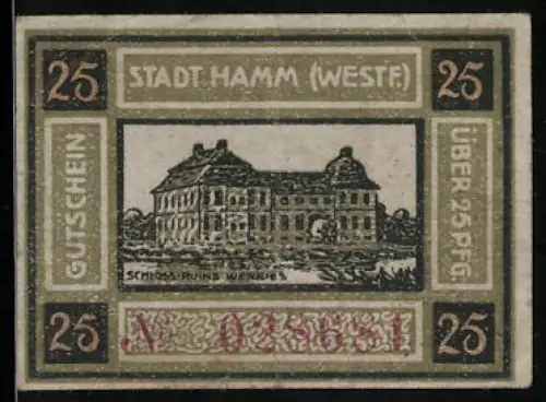Notgeld Hamm /Westf. 1920, 25 Pfennig, Schlossruine Heeren mit Wappen