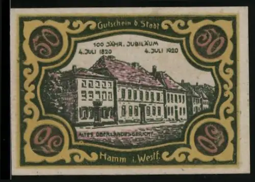 Notgeld Hamm i. Westf. 1920, 50 Pf., Altes Oberlandesgericht, 100 Jahr Jubiläum, mit Wappen