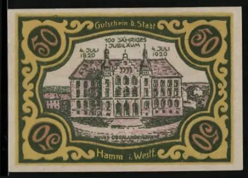 Notgeld Hamm i. Westf. 1920, 50 Pfennig, 100-jähriges Jubiläum, Neues Oberlandesgericht, Wappen