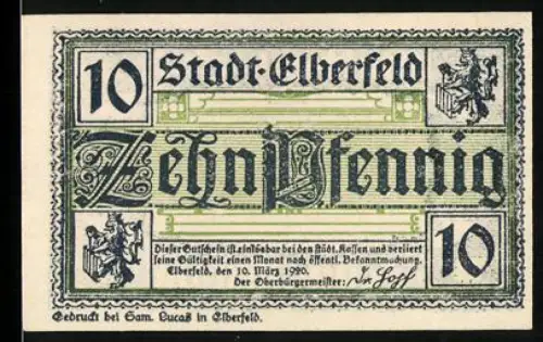 Notgeld Elberfeld 1920, 10 Pfennig, Wappen und Zitat in grüner Verzierung
