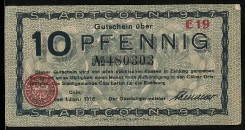 Notgeld Cöln 1918, 10 Pfennig, Rathausabbildung und Stadtsiegel
