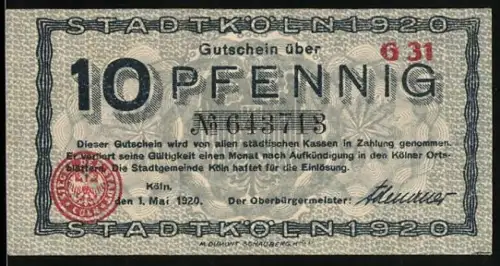 Notgeld Köln 1920, 10 Pfennig, historisches Gebäude und Stadtwappen