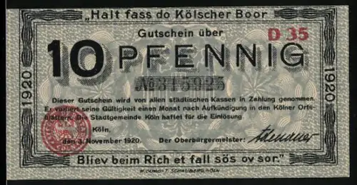 Notgeld Köln 1920, 10 Pfennig, Kölner Rathaus und lokaler Spruch