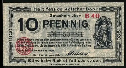 Notgeld Köln 1920, 10 Pfennig, Krieger mit Schild und Ortsansicht