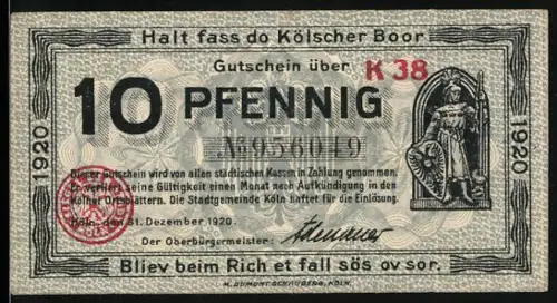 Notgeld Köln 1920, 10 Pfennig, Kriegerfigur und historisches Gebäude