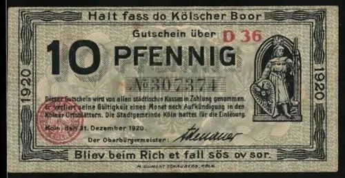 Notgeld Köln 1920, 10 Pfennig, Krieger mit Schild und Rathausansicht