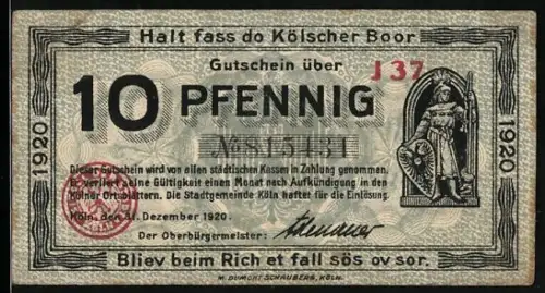Notgeld Köln 1920, 10 Pfennig, Kriegerin und Rathausansicht