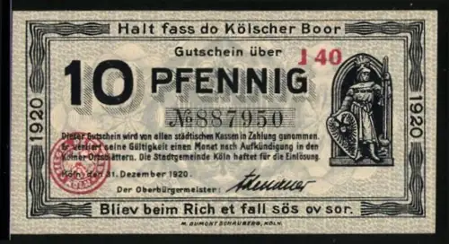 Notgeld Köln 1920, 10 Pfennig, Kölner Wappen und Stadtszene