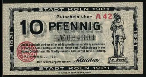 Notgeld Köln 1921, 10 Pfennig, Jan von Werth Statue und Jan un Griet Heimkehr
