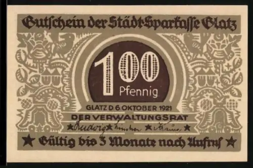 Notgeld Glatz 1921, 100 Pfennig, Jubiläumsmotiv mit Wappen und Ortsansicht