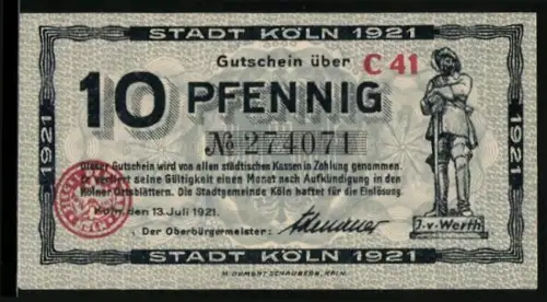 Notgeld Köln 1921, 10 Pfennig, Jan un Griet Abschiedsszene
