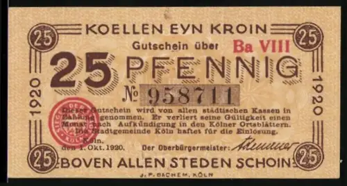 Notgeld Köln 1920, 25 Pfennig, Ortsansicht und Siegel