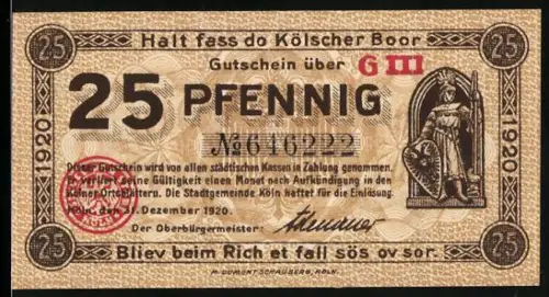 Notgeld Köln 1920, 25 Pfennig, Krieger mit Schild und historische Gebäudeansicht